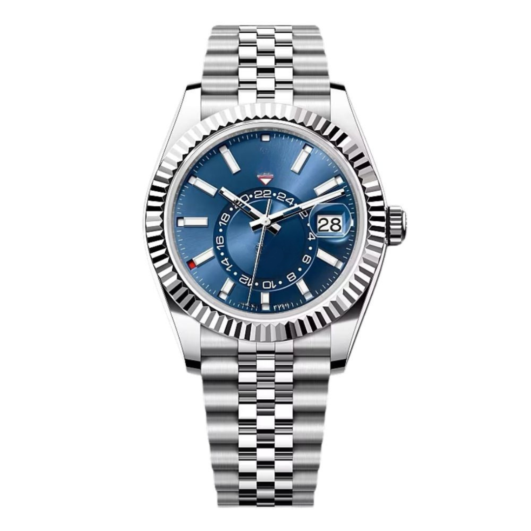 Sky Traveler 42 – Blue Sunburst Dial | Stainless Steel Jubilee Bracelet