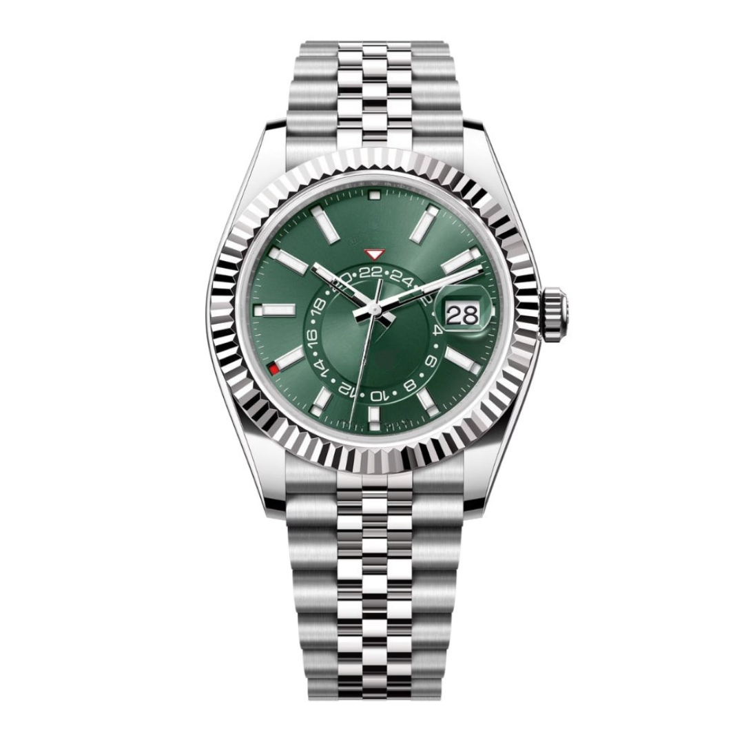 Sky Traveler 42 – Green Sunburst Dial | Stainless Steel Jubilee Bracelet